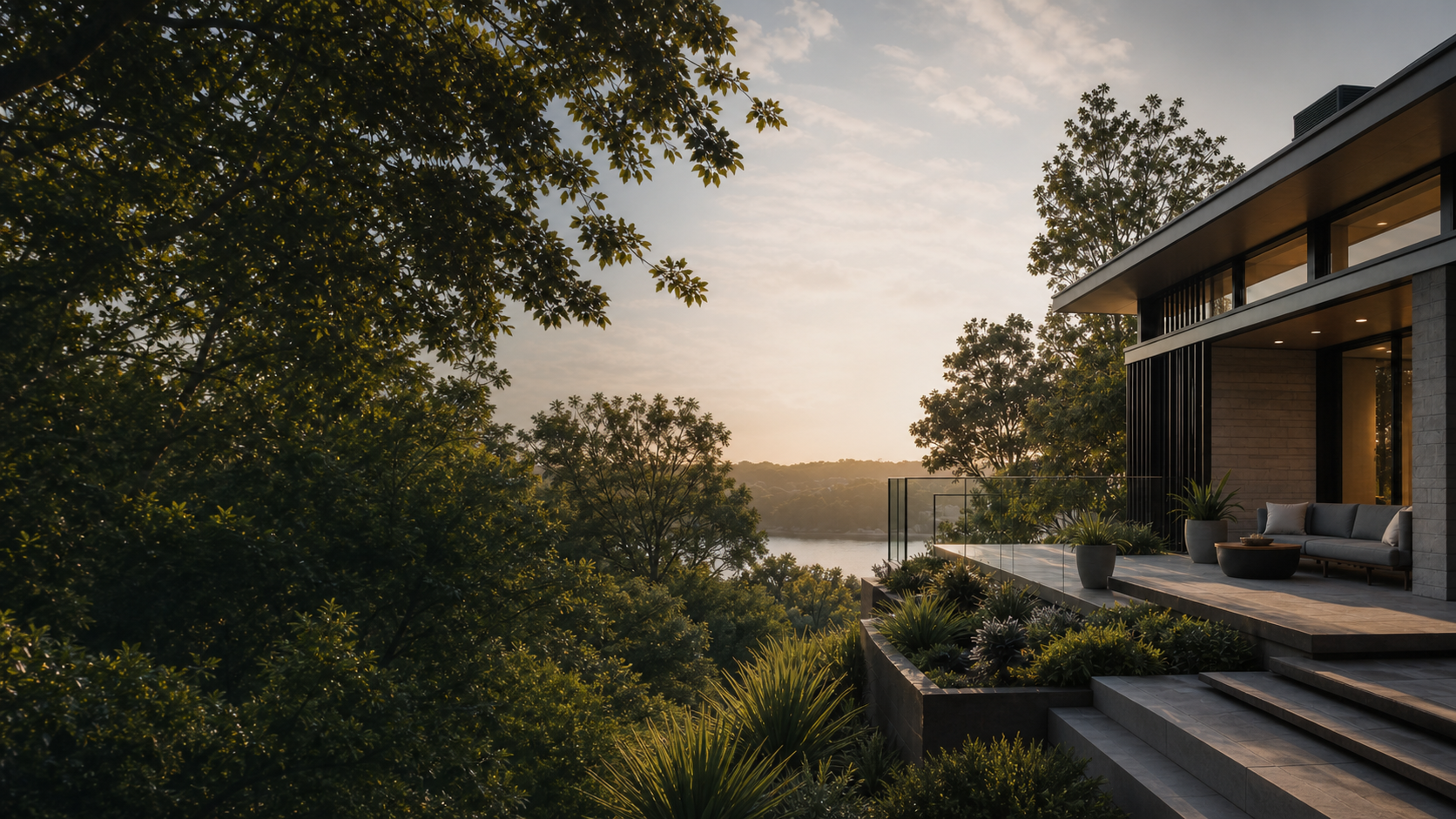 Architectural image of a contemporary home among trees at dusk